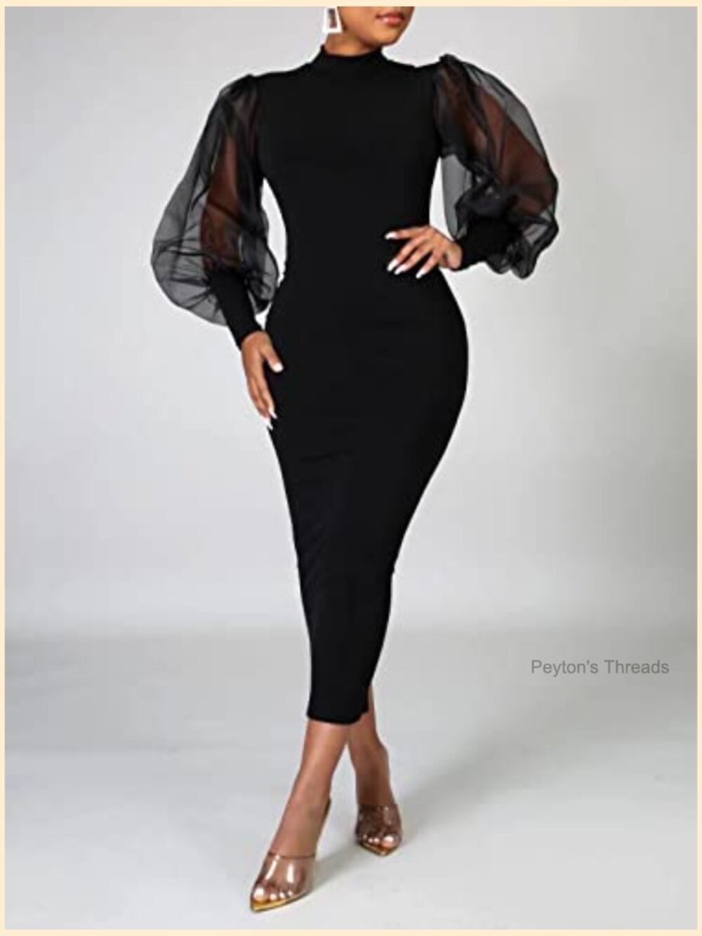 Sheer Mesh Bodycon Midi Dress with Puff Lantern Sleeves - Picture 2 of 7